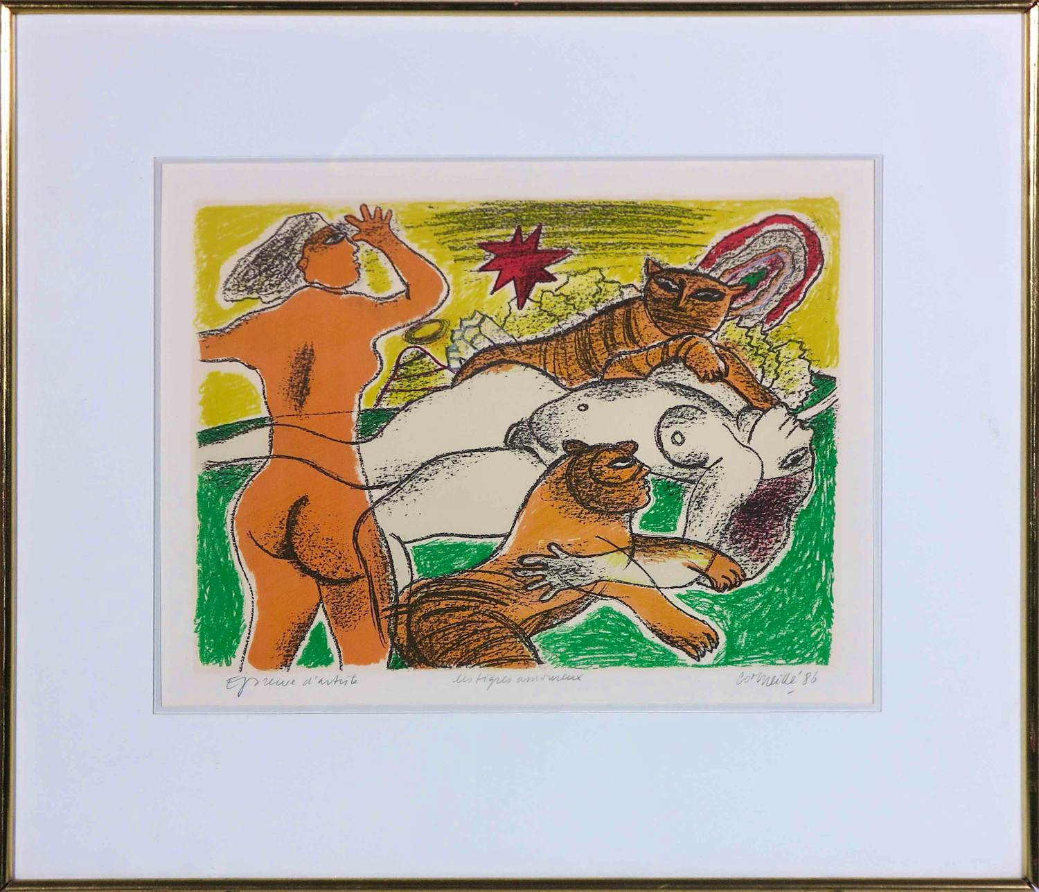 Corneille - Zeefdruk, Les tigres amoureux - Ingelijst verkocht voor € 150!