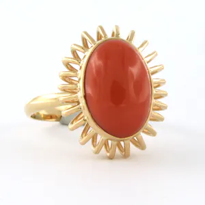 18k geel gouden ring bezet met een koraal - ringmaat 18.25(57) kopen? Bied vanaf 260!