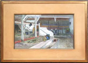 Jan Vrolijk - "stalinterieur met figuren" - aquarel op papier kopen? Bied vanaf 125!