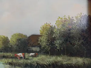 Niet of onleesbaar gesigneerd - 2 fraaie landschapsschilderijtjes met koeien en eenden kopen? Bied vanaf 1!