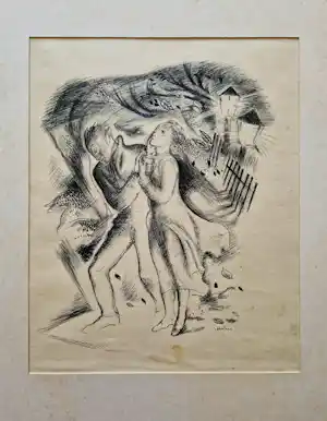 Etie van Rees - Originele jaren 50 oostindische inkt tekening "Promenade d'automne" gesigneerd vendu pour 35€ !