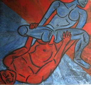 Niet of onleesbaar gesigneerd - Acrylverf op paneel , “Erotische voorstelling” – groot, 100 x 108 cm kopen? Bied vanaf 1!