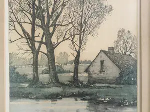 Roger Hebbelinck - Fraai ingelijste kleuren ets met Vlaams herfstlandschap kopen? Bied vanaf 40!