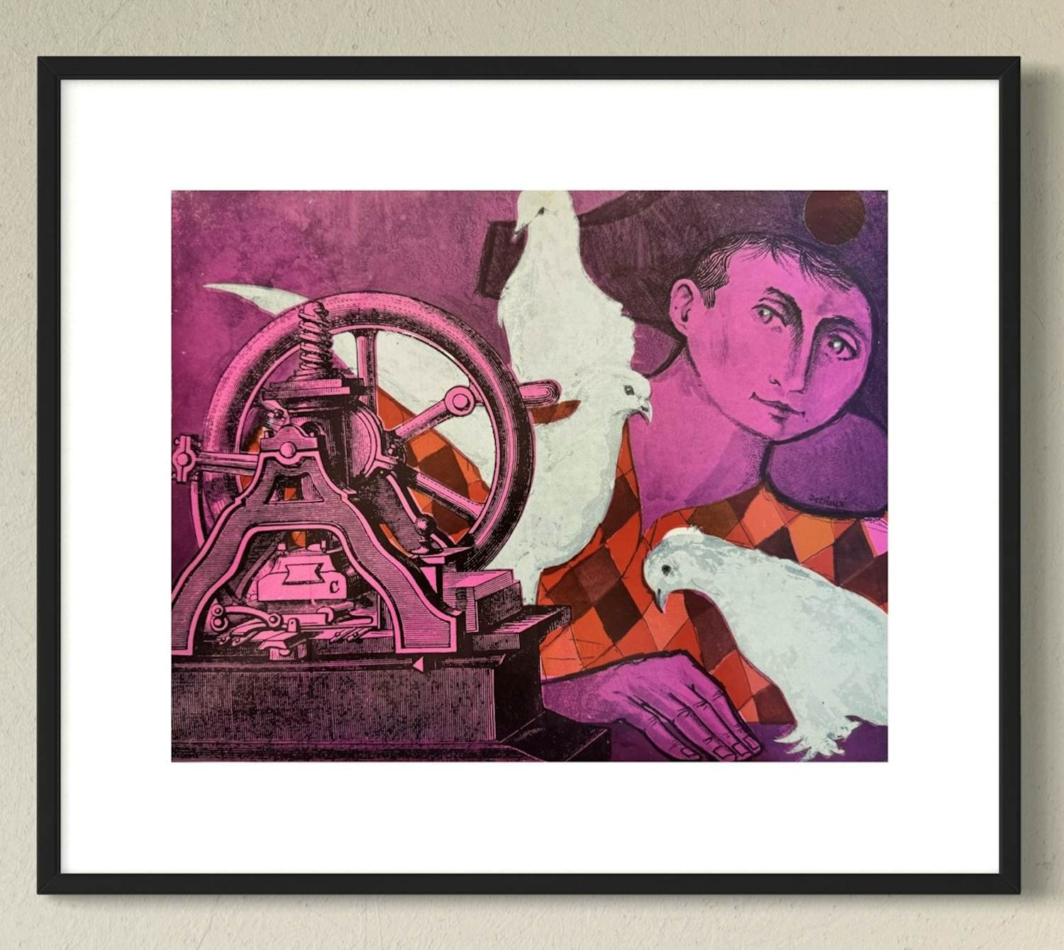 AcheterRobert Detheux - Die Tauben und die Maschine - Surrealistisches Werk - Gerahmt? Enchérissez de 150!