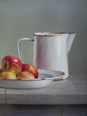 Hans Habraken - Stilleven Oude kan potje en schaal appels kopen? Bied vanaf 695!