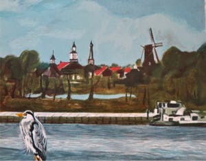 Valentin Bakardjiev - "Dalem" - Rivierlandschap met Vogel - zicht op Kasteel Loevestein kopen? Bied vanaf 29!