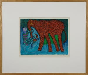 Shahid Parvez - Zeefdruk, Rode olifant - Ingelijst kopen? Bied vanaf 40!