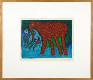 Shahid Parvez - Zeefdruk, Rode olifant - Ingelijst verkocht voor € 40!