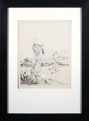 Piet van der Hem - Gemengde techniek op papier, Omhoog turende man - Ingelijst verkocht voor € 200!