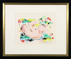 Nic Jonk - Zeefdruk, Z.T. Liggend figuur - Ingelijst verkocht voor € 1!