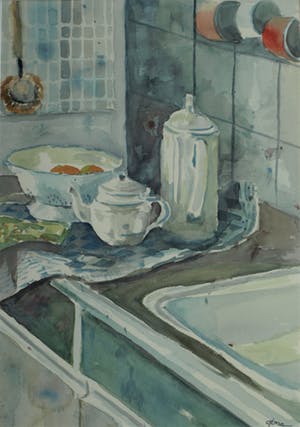 Selma Berkelaar - Grote ingelijste aquarel , “Keukeninterieur” – 88 x 63 cm – ca 1975 kopen? Bied vanaf 90!