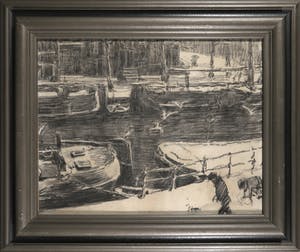 Isaac Israels - Gezicht op de gracht, uitgevoerd in houtskool - Ingelijst kopen? Bied vanaf 4000!