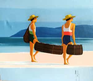 Niet of onleesbaar gesigneerd - H. Mendez- 'Badgasten en bergen', olieverf verkocht voor € 1!