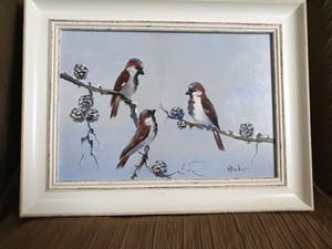 Henk Poeder - Drie kleine vogels in een winterse omgeving kopen? Bied vanaf 30!