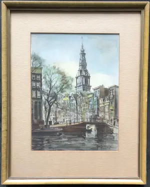 Johannes Josseaud - Amsterdamse gracht met Zuiderkerk | gekleurde litho (uniek)- ingelijst kopen? Bied vanaf 45!