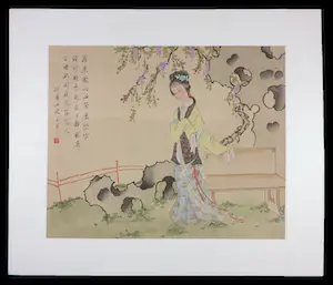 Niet of onleesbaar gesigneerd - Lot van 2 Japanse aquarellen op zijde, Dames in tuinen kopen? Bied vanaf 1!
