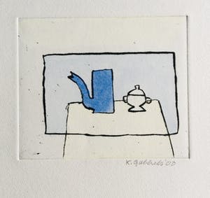 Klaas Gubbels - ets met aquarel ingekleurd - ‘Blauwe kan met suikerpotje’ kopen? Bied vanaf 245!