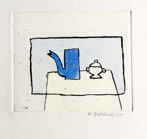 Klaas Gubbels - ets met aquarel ingekleurd - ‘Blauwe kan met suikerpotje’ verkocht voor € 245!