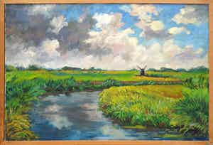 Jan Dekker - Olieverf op doek, Sloot in polder - Ingelijst verkocht voor € 1!