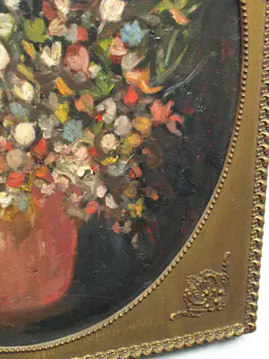 Niet of onleesbaar gesigneerd - Ovaal ingelijst , Olieverf op doek , Bloemstilleven – ca. 1950 kopen? Bied vanaf 1!