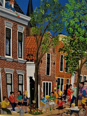 Fred Breebaart - karakteristiek Naïef & zeer gedetailleerd OLIEVERF "stadsgezicht Delft" gesign kopen? Bied vanaf 20!