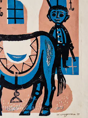 Willem Hoogeveen - leuke naieve kleuren lithografie "man met ezel in stad" zeer kleine oplage kopen? Bied vanaf 38!