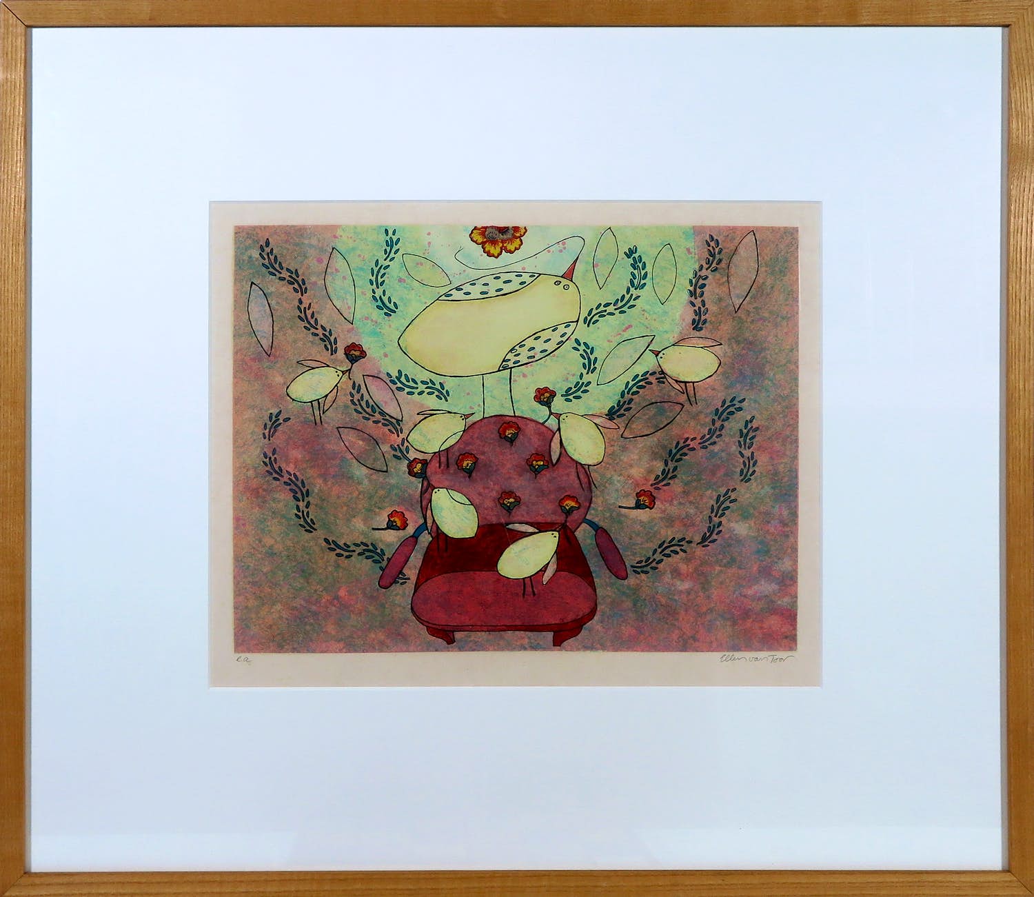 Ellen van Toor - Zeefdruk, Vogelstoel - Ingelijst verkocht voor € 35!