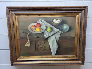 Jan Schouten - Stilleven met een Sleutel en een schaal met eieren en een schaal met Appels kopen? Bied vanaf 150!