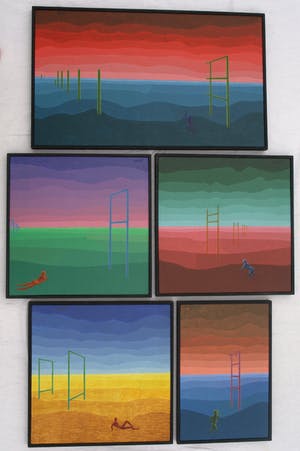 Niet of onleesbaar gesigneerd - Surrealistisch 5-Luik uit 1971 - Acrylverf op board - ingelijst kopen? Bied vanaf 1!