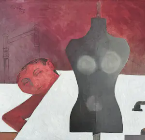 Robert Detheux - Der Schläfer und die Schaufensterpuppe – Großes surrealistisches Gemälde aus dem Jahr 1957 kopen? Bied vanaf 800!