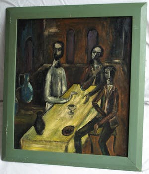 Niet of onleesbaar gesigneerd - Olieverf op board , “Aan de tafel” – gesigneerd & ingelijst kopen? Bied vanaf 10!