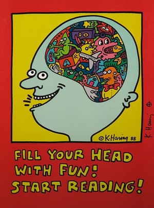 Keith Haring - Gesigneerd: Fill your head with fun! Start reading! - Ingelijst kopen? Bied vanaf 350!