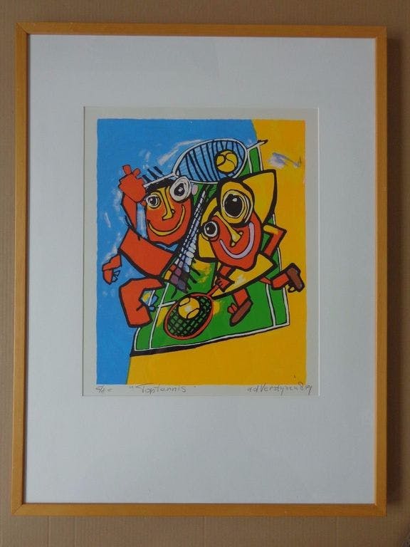 Ad Verstijnen - TOPTENNIS / KLEURLITHO / 83x63cm / KADER / SIG / 1989 verkocht voor € 55!