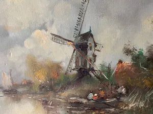 Niet of onleesbaar gesigneerd - Een typisch Hollands polderlandschap met een houten molen kopen? Bied vanaf 1!