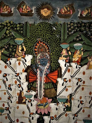 Niet of onleesbaar gesigneerd - INDIA omstreeks 1960 - GROOT Tempera "offer Ceremonie" schilderij kopen? Bied vanaf 10!