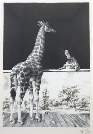 Peter Vos - Litho, Giraf met pulcinella - Ingelijst kopen? Bied vanaf 150!