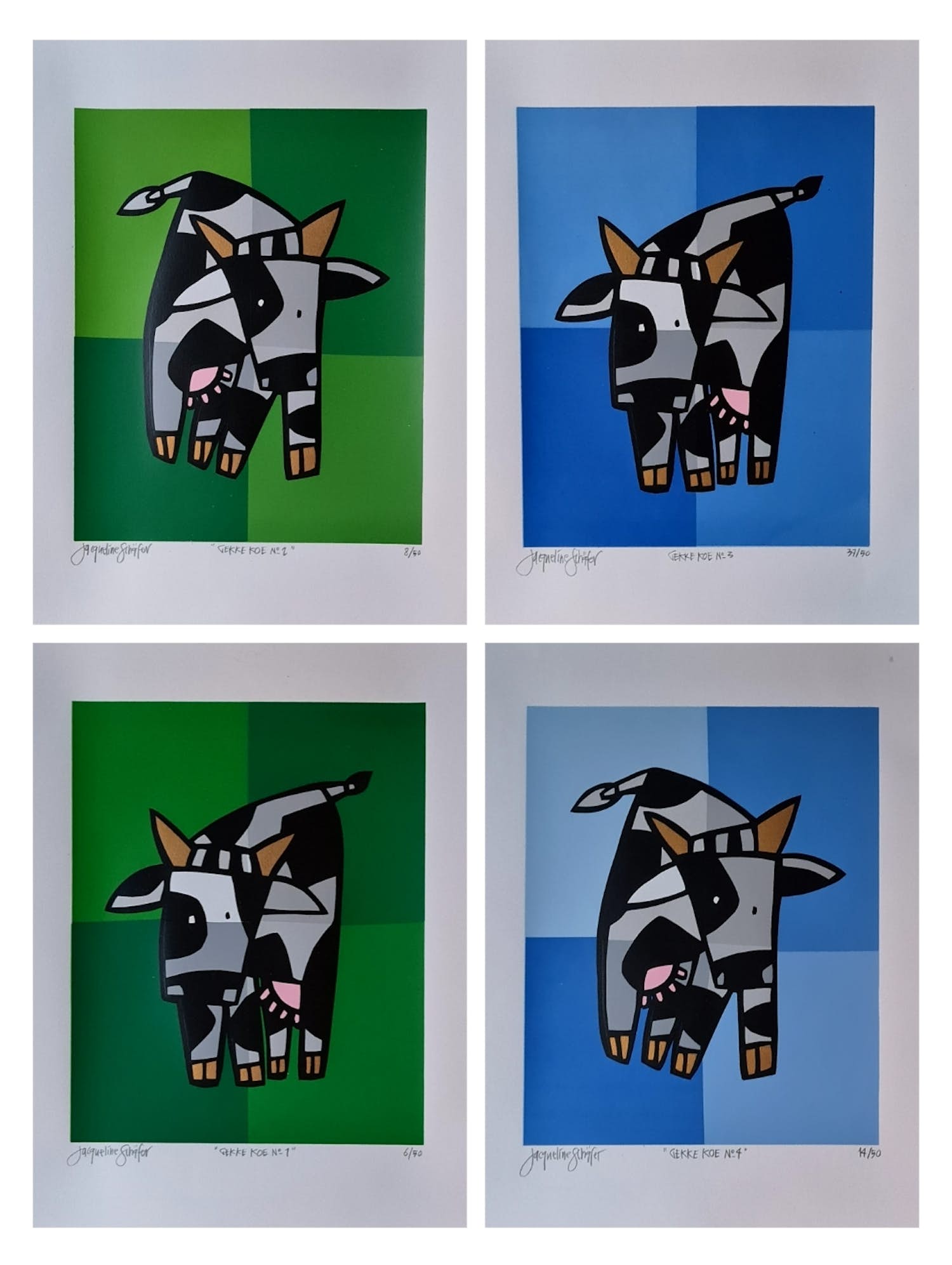 Jacqueline Schäfer - 4 x vrolijke koe - gesigneerd - 50 ex. verkocht voor € 1!