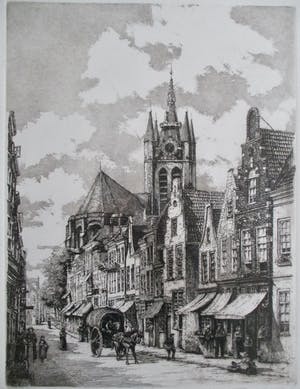 Niet of onleesbaar gesigneerd - Ingelijste ets Delft, gesigneerd kopen? Bied vanaf 1!