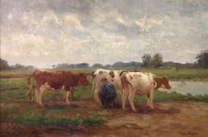 Fedor van Kregten - B9791, Melktijd, Boer met koeien in weidelandschap kopen? Bied vanaf 400!