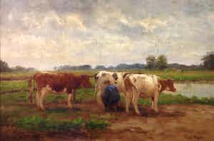 Fedor van Kregten - B9791, Melktijd, Boer met koeien in weidelandschap verkocht voor € 400!