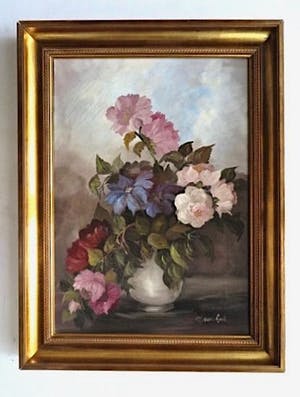 Maria Van Lent - Boeket Wilde Rozen met Clematis - In verguld zware houten lijst kopen? Bied vanaf 1!