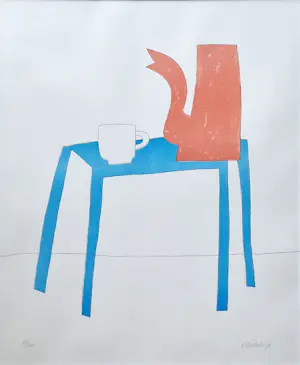 Klaas Gubbels - 'Rode koffiekan op blauwe tafel' kopen? Bied vanaf 465!