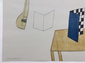 Klaas Gubbels - zeefdruk ‘Schaakbord met mandoline’ - 1991 - oplage VII/X. kopen? Bied vanaf 225!