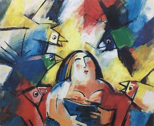 Rem de Boer - Vrouw met vogels | offsetlitho - ingelijst kopen? Bied vanaf 25!
