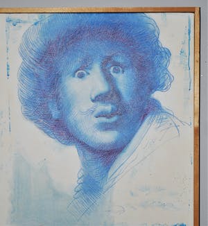 De Kunstfabriek - Rembrandt, zelfportret 4x in blauw - groot olieverfschilderij kopen? Bied vanaf 195!