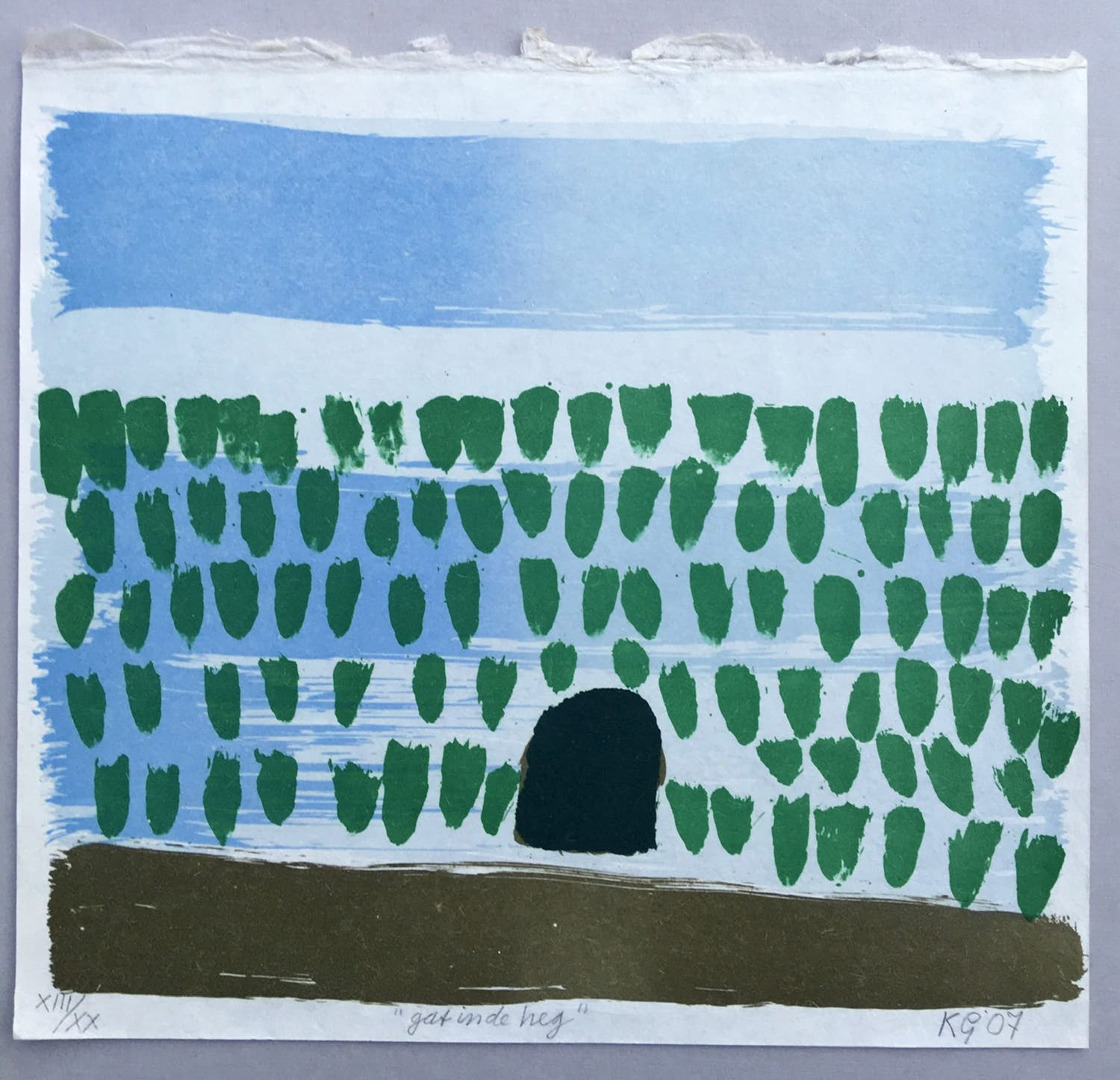 Klaas Gubbels - litho op handgeschept papier 'Gat in de heg' - 2007 verkocht voor € 145!