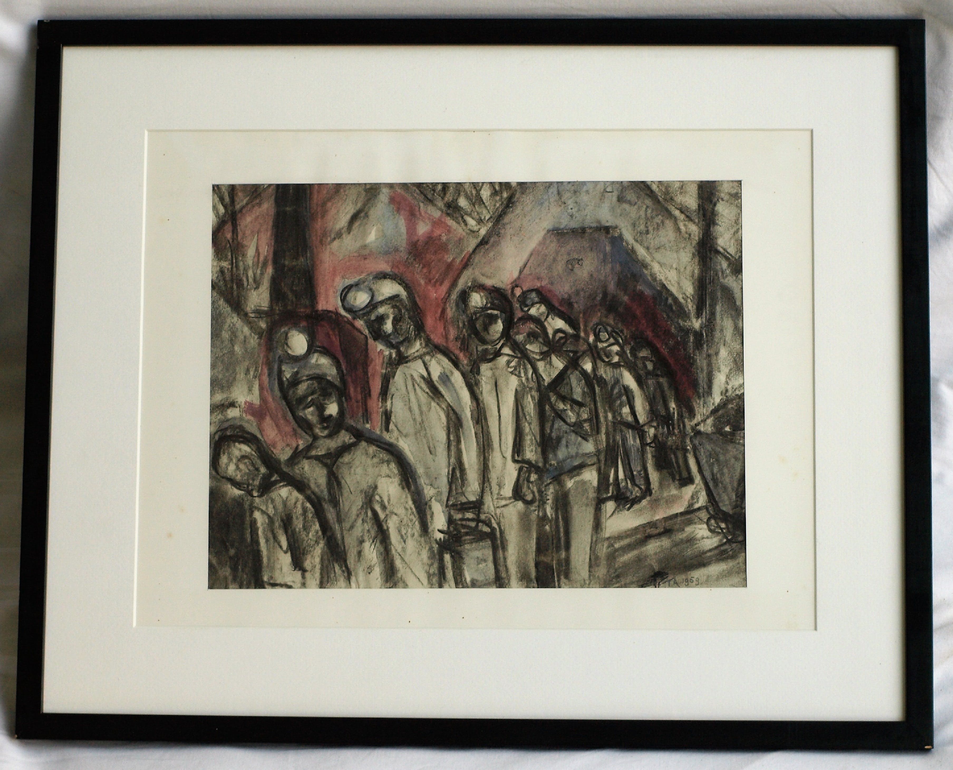 Niet of onleesbaar gesigneerd - Tekening , Mijnwerkers, Kompels - ingelijst - 1959 kopen? Bied vanaf 1!