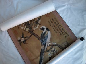 Niet of onleesbaar gesigneerd - Japanse of Chinese scroll, “Vogel op tak” - Aquarelverf en inkt op papier kopen? Bied vanaf 1!