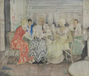 Emile Gastemans - Aquarel op papier, Figuren aan tafel - Ingelijst kopen? Bied vanaf 50!