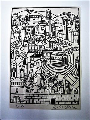 Renzo Sommaruga - Grote Houtsnede - Zeer kleine oplage (25) - Stadsgezicht Verona - gesigneerd kopen? Bied vanaf 49!